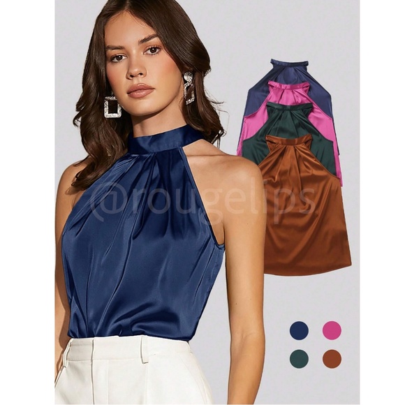 Navy Blue Satin Halter Blouse Top - Picture 5 of 14